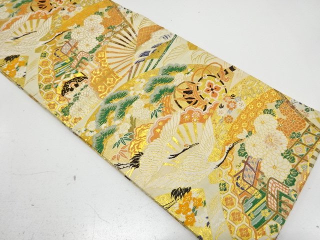  アンティーク　扇に御所車・鶴・古楽器模様織り出し丸帯（着用可）